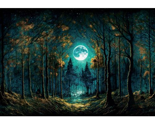 Der Vollmond scheint durch einen Märchenwald auf dieser Kindertapete, die eine magische Atmosphäre von nächtlichen Abenteuern vermittelt.