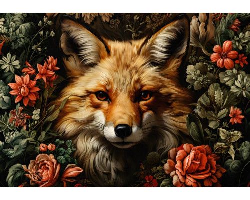 Fototapete eines Fuchses, der durch ein Blumenfeld streift, mit leuchtenden Farben und Naturthema.