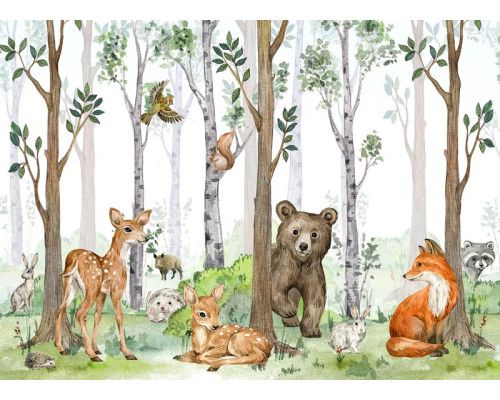 Fototapete mit fröhlichen Waldtieren wie Bär, Hirsch und Fuchs in einer verspielten Umgebung, perfekt für einen freundlichen und lebendigen Look.