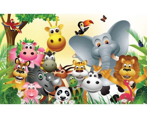 Fröhliche Tiere aus dem afrikanischen Dschungel auf Fototapete, bunt und verspielt.