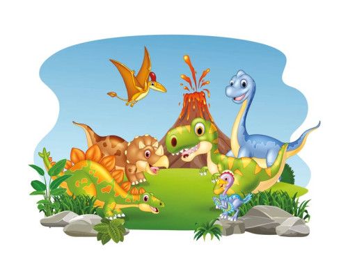 Dinosaurier vor einem aktiven Vulkan, umgeben von prähistorischer Natur, abgebildet auf einer fröhlichen Fototapete.