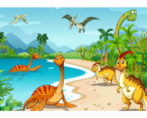 Fröhliche Dinosaurier spielen im Wasser, umgeben von der Natur, auf dieser verspielten Fototapete.