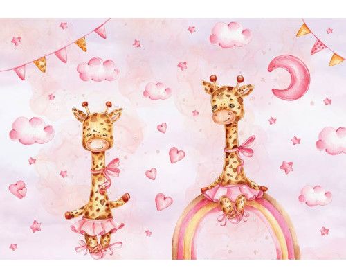 Fröhliche Giraffen schweben in den Wolken unter einem Regenbogen, dargestellt auf einer verspielten Fototapete für Kinder.