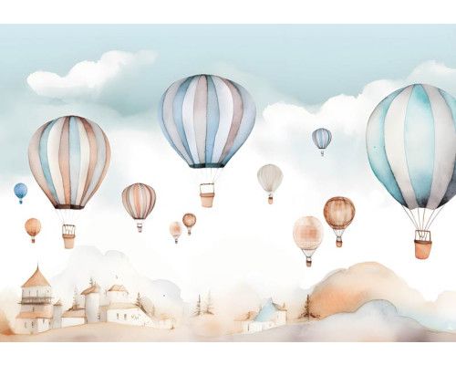 Fröhliche Heißluftballons, die durch den Himmel schweben, speziell für Kinderzimmer entworfen, abgebildet auf dieser farbenfrohen Fototapete.