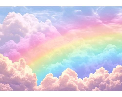 Fotobehang met een kleurrijke regenboog die straalt tussen roze wolken in een fantasierijke hemel.