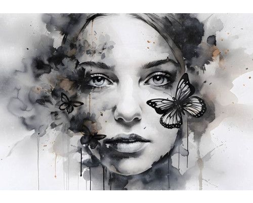Ein Porträt einer Frau mit einem Schmetterling, kunstvoll festgehalten auf einer eleganten Fototapete.