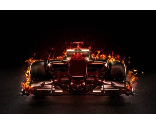 Fototapete eines feurigen Formel-1-Autos, mit feurigen Details für einen intensiven Look.