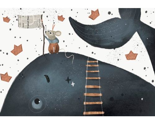 Fototapete mit einem Wal und einer Maus, die in einer verspielten und fantasievollen Szene spielen, perfekt für ein Kinderzimmer.