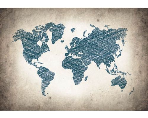 Graue Weltkarte mit abstrakten Ländern und Städten, perfekt gerendert auf dieser modernen Fototapete.