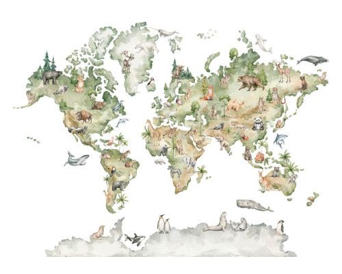 Fototapete mit Weltkarte und Tieren, perfekt für ein Kinderzimmer mit verspielten Illustrationen von Tieren aus verschiedenen Kontinenten.