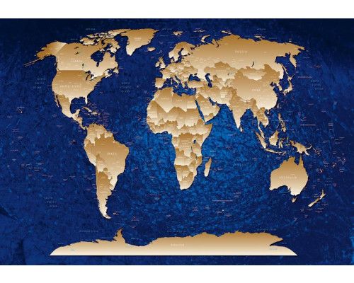 Weltkarte in Gold und Blau, Fototapete mit einem luxuriösen und abstrakten Look von Ländern und Städten.