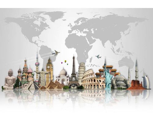 Fototapete Weltkarte mit berühmten Gebäuden wie dem Eiffelturm, Big Ben, Kolosseum, Pyramiden und Freiheitsstatue.