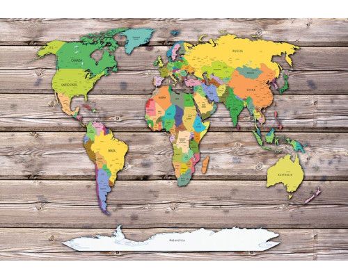 Weltkarte farbig auf Holz, abstrakte Fototapete mit leuchtenden Farben und modernem Look.