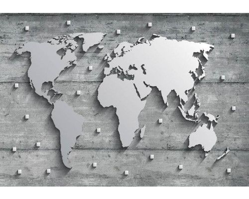 Fototapete mit einer Weltkarte aus Metall und Beton, abstraktes Silberdesign.