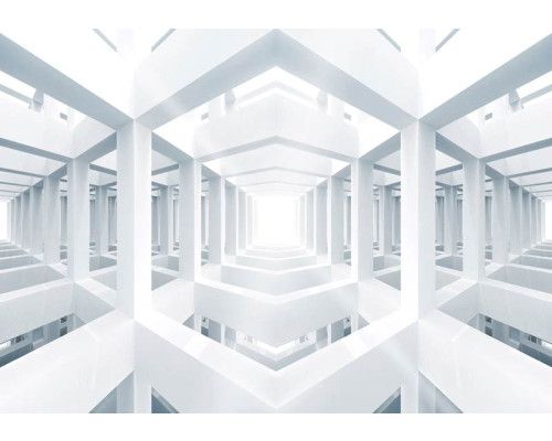 Weißer Raum, 3D-Fototapete mit geometrischen Formen und futuristischem Design.