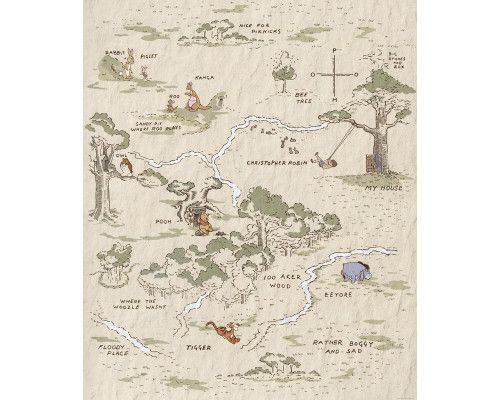 Winnie the Pooh Map Fototapete mit einer verspielten Karte des Hundertmorgenwaldes, die Orte wie Poohs und Ferkels Haus zeigt.