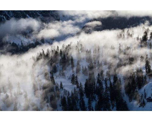 Fototapete eines Winterwunderlandes mit schneebedeckten Bergen, wo ein dichter Nebel der Landschaft eine magische Atmosphäre verleiht.