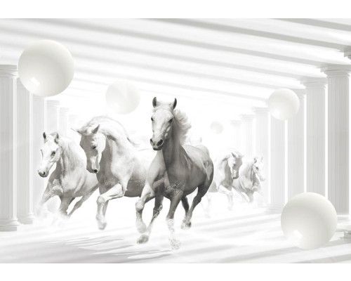 Weiße Pferde, die auf einer künstlerischen und abstrakten Fototapete galoppieren.