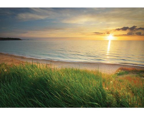 Fototapete von einem Meer bei Sonnenuntergang, mit einer ruhigen Strandkulisse.