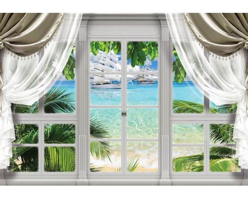 Tropische Palmenansicht mit Meerblick durch ein Fenster mit 3D-Effekt auf einer Fototapete.