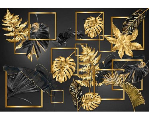Fototapete mit schwarzem und goldenem Blattwerk in einem abstrakten Kunstdesign.