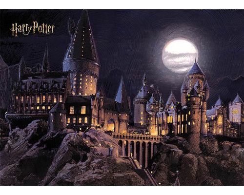 Eine Hogwarts-Fototapete bei Vollmond, auf der das kultige Schloss auf mysteriöse Weise vom Mond beleuchtet wird, umgeben von einem dunklen und bezaubernden Nachthimmel.