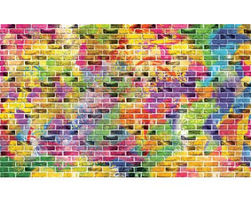 Graffiti-Wand Fototapete mit buntem Wandbild und Ziegeln.