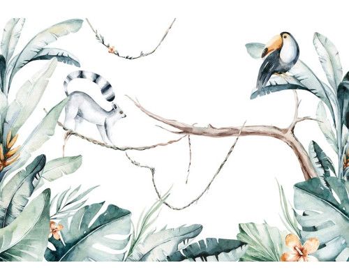 Botanische Safari-Dschungel-Fototapete mit wilden Tieren und tropischen Pflanzen, ideal für ein abenteuerliches Kinderzimmer.