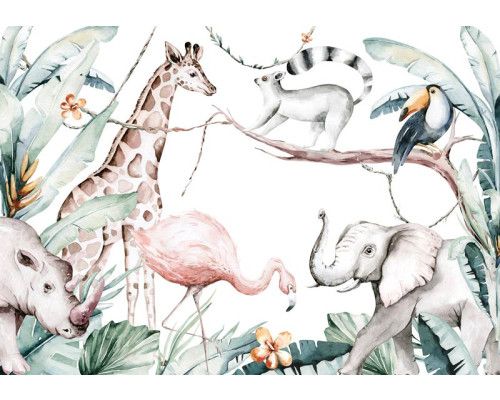 Dschungelsafari mit Tieren und Pflanzen in einem farbenfrohen Kindertapetenstil, perfekt für ein abenteuerliches Kinderzimmer.