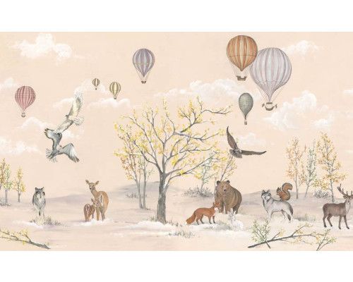 Kindertapete mit verschiedenen Waldtieren, wie Füchsen und Eichhörnchen, in einer verspielten Waldumgebung.