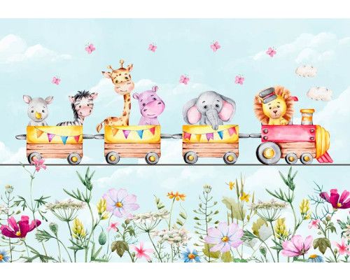 Kindertapete mit einem coolen Dampfzug, der durch einen Dschungel fährt, umgeben von Bäumen und exotischen Tieren.