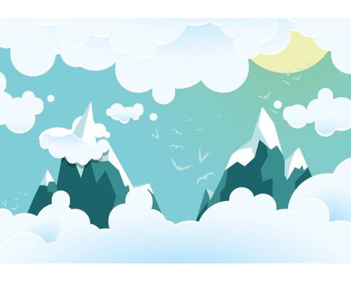 Kindertapete mit hohen Berggipfeln und Wolken, beruhigend und naturgetreu.