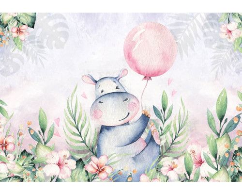 Kindertapete mit einem Nilpferd und fröhlichen Blumen, geeignet für Babyzimmer.