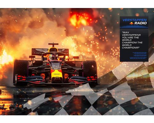 Fototapete mit Max Verstappen, der in seinem Formel-1-Auto durch die Flammen über die Ziellinie fährt und Weltmeister geworden ist.