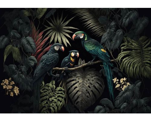 Fototapete mit farbenfrohen Papageien, die inmitten großer, grüner Dschungelblätter nisten. Tropische Vögel und dichte Vegetation schaffen eine lebendige, botanische Atmosphäre.