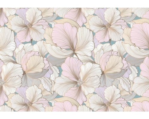 Pastellblumen-Fototapete, malerisches Design mit hellen Farben, die ein subtiles und ruhiges Ambiente schaffen.