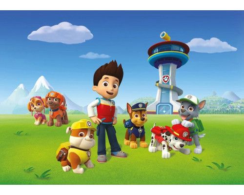 Paw Patrol Wallpaper mit Ryder, Chase, Sky, Marshal, Rocky, Rubble und Zuma vor dem Wachturm.