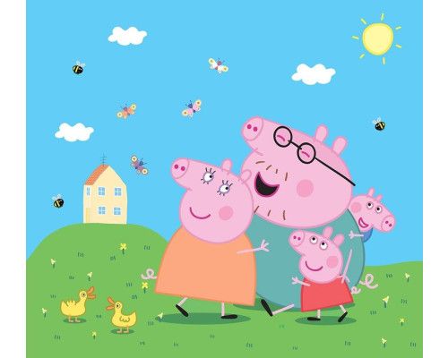 Hintergrundbild von Peppa Pig, George, Papa Pig und Mama Pig, die lächelnd vor ihrem Haus stehen, umgeben von niedlichen Enten, summenden Bienen und flatternden Schmetterlingen unter einer strahlenden Sonne.