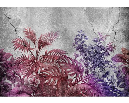 Fototapete Pflanzen auf einer Wand mit rot-lila Beton, abstraktes Design.