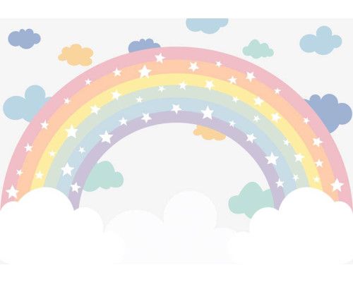 Wolken, Regenbögen und Sterne vereinen sich auf dieser Fototapete zu einem verspielten und magischen Ganzen.