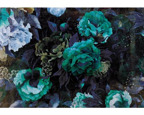 Fototapete mit grünen Kunstblumen, abstrakt und bunt gestaltet.