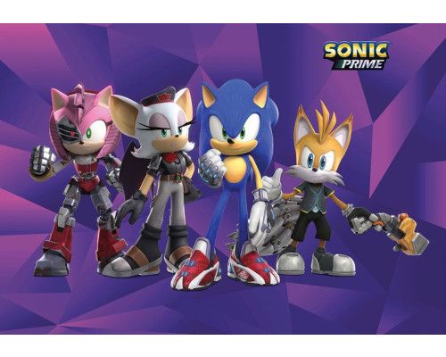 Eine Fototapete mit Sonic Prime, auf der Sonic und seine Freunde einen dynamischen Look in einer futuristischen Landschaft voller Geschwindigkeit und Action kreieren.