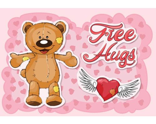 Teddybär-Tapete mit dem Text 'free hugs' und einem kuscheligen Herz.