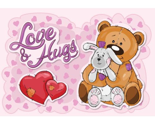 Fototapete von einem Teddybär mit Kaninchen und Kuschelherz, geeignet für Kinderzimmer.