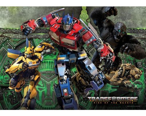 Eine Fototapete mit Transformers, auf der ikonische Roboter wie Optimus Prime und Bumblebee in einem futuristischen und dynamischen Design zu sehen sind.