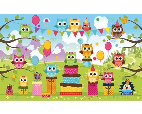 Fototapete von Eulen für Babyzimmer, fröhlich und verspielt.