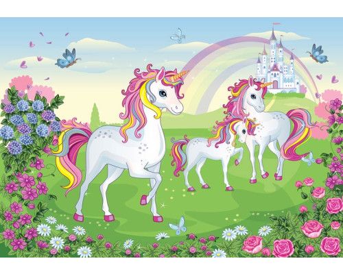 Einhorntapete mit Schloss und Regenbogen, märchenhaft und bunt.