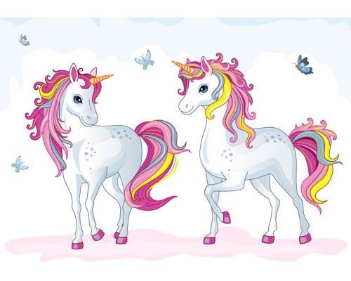 Einhörner Fototapete mit Schmetterlingen, ideal für Babyzimmer.