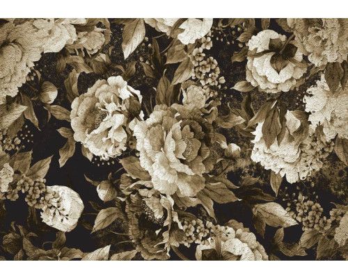 Vintage-Fototapete mit Pfingstrosen und Blumen, detailliertes klassisches Blumendesign in sanften Tönen.