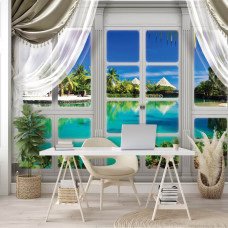 Eine Fototapete mit einer tropischen Landschaft durch ein Fenster, perfekt für ein Büro.